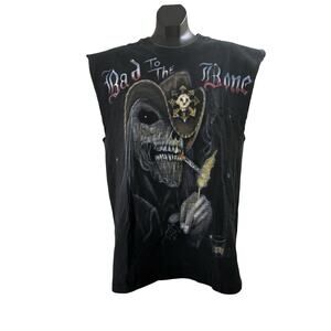Hand-Painted “Bad to the Bone” Sleeveless Graphic T-Shirt – Size L